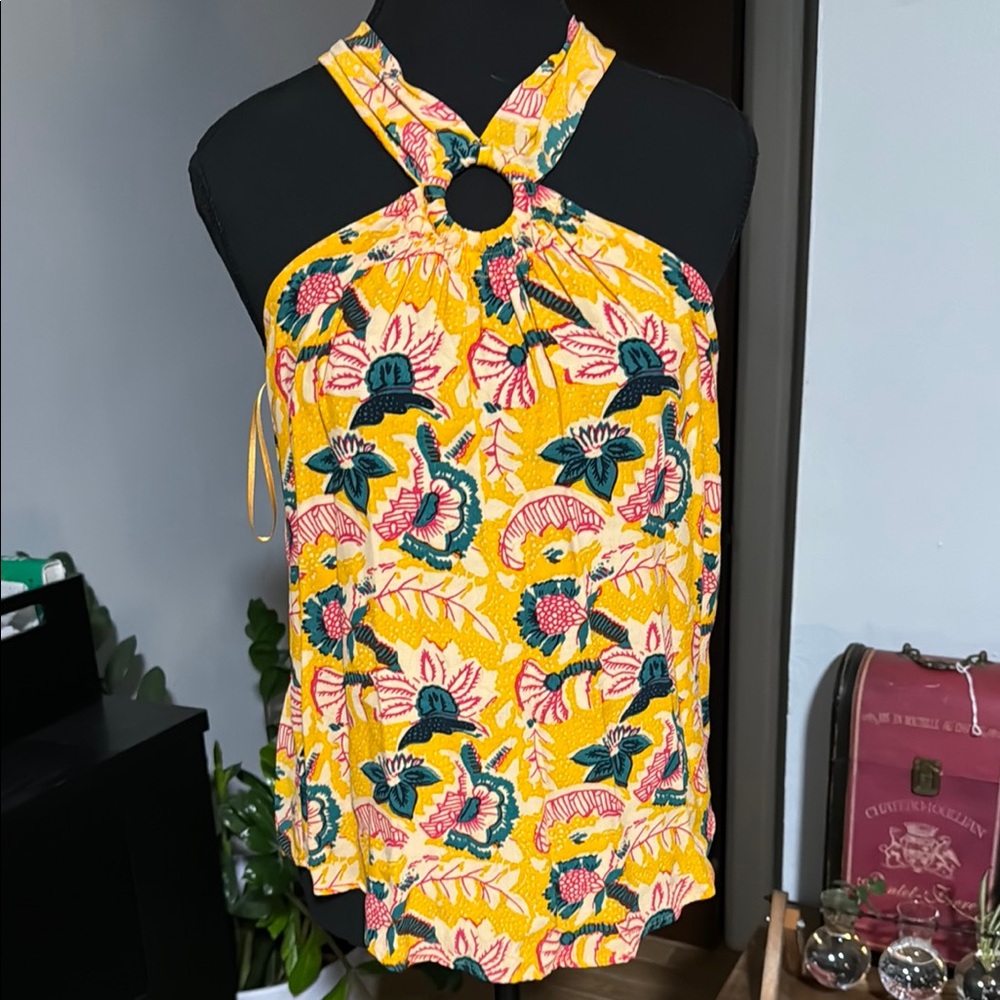 Maeve Yellow Floral Halter Top with Teal & Pink Accents
